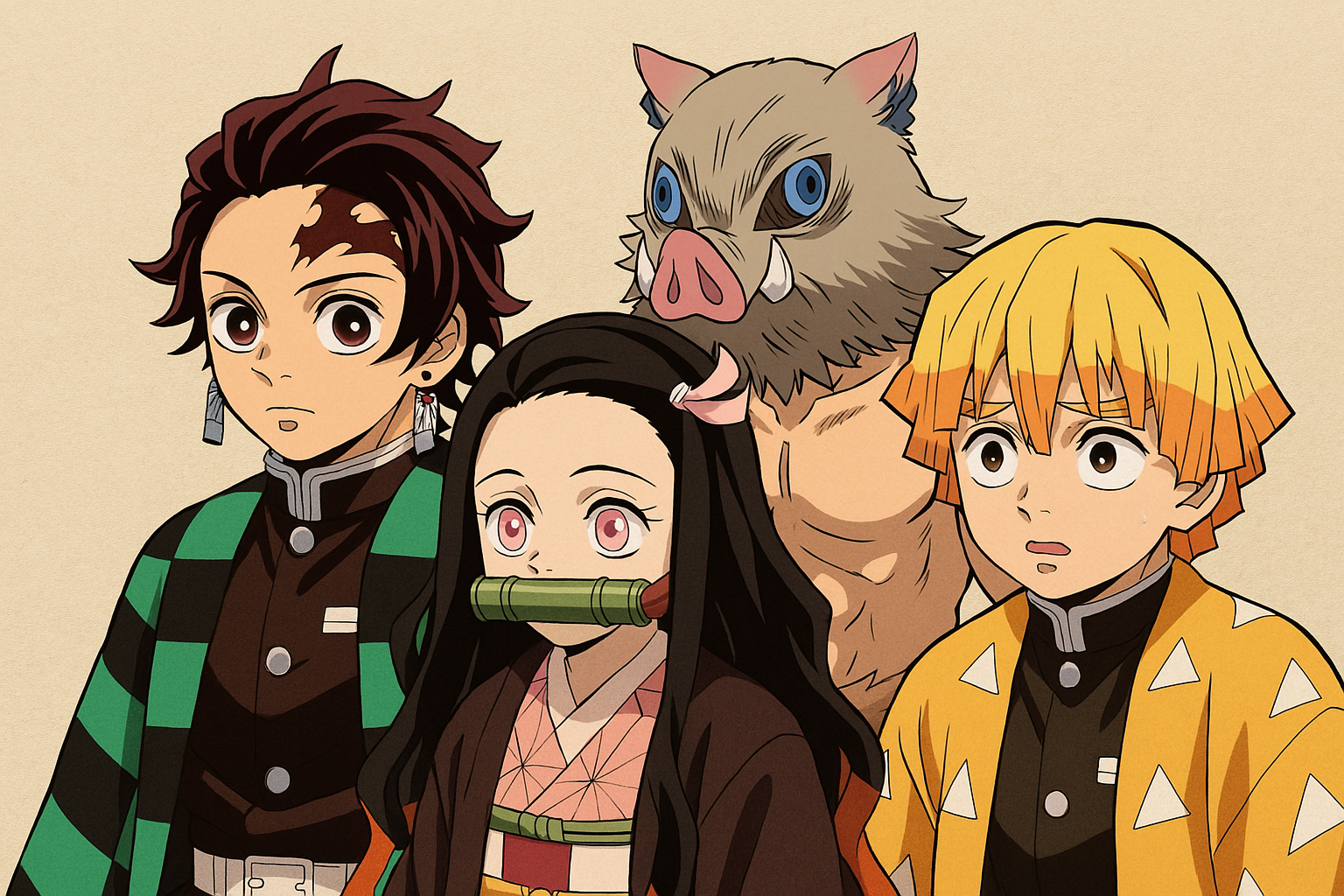 Imagem dos personagens Tanjiro, Nezuko, Inosuke e Zenitsu de Demon Slayer: Kimetsu no Yaiba. Esta ilustração representa a análise psicológica dos personagens do anime, abordando temas como trauma, empatia, autocontrole e vínculos emocionais.