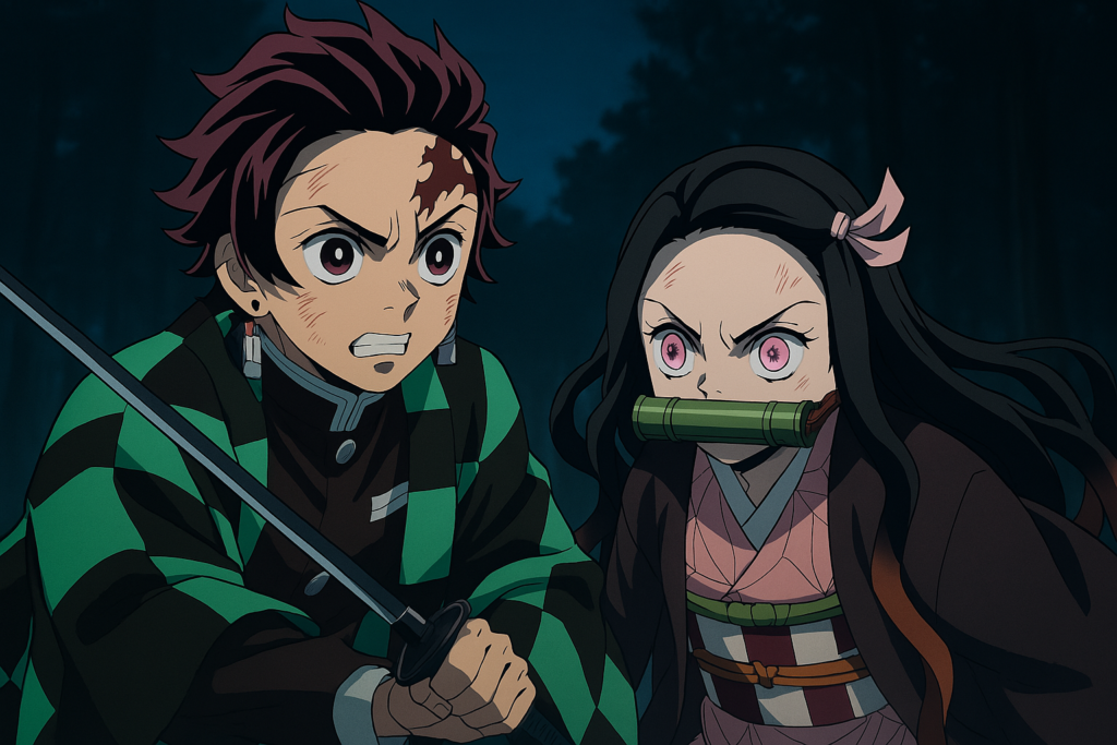 Tanjiro e Nezuko prontos para lutar em uma floresta escura no anime Demon Slayer