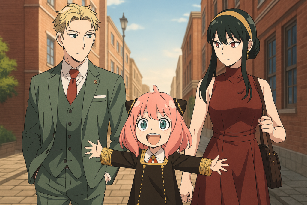 Loid, Anya e Yor Forger caminhando juntos em uma rua de tijolos no anime SPY x Family