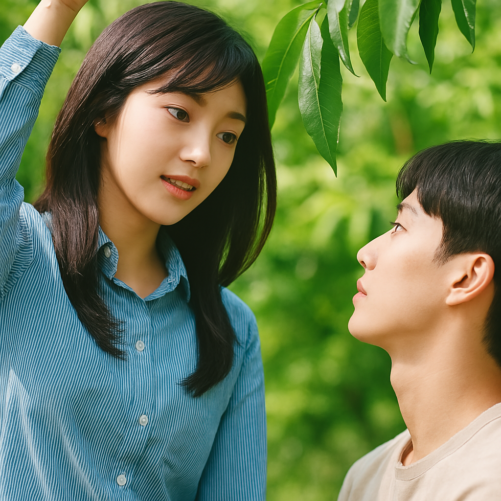 Casal coreano em momento íntimo sob as árvores em um cenário rural, inspirado no dorama Amor Rural