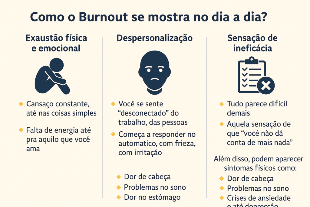 Infográfico sobre os principais sinais físicos e emocionais do burnout Infográfico dividido entre sintomas emocionais e físicos do burnout com ícones e cores suaves